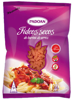 Pastas secas de Arroz PADOAN. Mostacholes con Morrón. Libres de gluten, sin TACC.
Riquíimos y rendidores, el mejor arroz y los mejores fideos son Padoan.
Paquetes por 500 grs. 