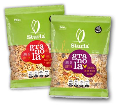 Nuevas Granolas Sturla. Una deliciosa combinación de semillas, frutas y cereales ideales para todo momento. Miel, copos de maíz, semillas de girasol, arroz inflado, sésamo integral, castañas de cajú, semillas de chia. Versiones con Manzana+Canela y Coco+Pasas.