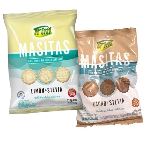 Estas ricas masitas de TRINI son espectaculares, muy delicadas, de sabor limon o chocolate, sin azúcar, libres de gluten, aptas para personas diabéticas. Endulzadas únicamente con Stevia, SIN AZUCAR AGREGADA. Su especial fórmula, está diseñada considerando los requerimientos nutricionales específicos de las personas con diabetes y celíacos. 