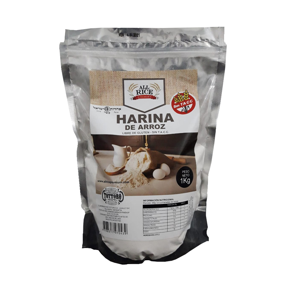 Excelente Harina de arroz. Envases por 1kg. Libre de Gluten. Sin TACC.
