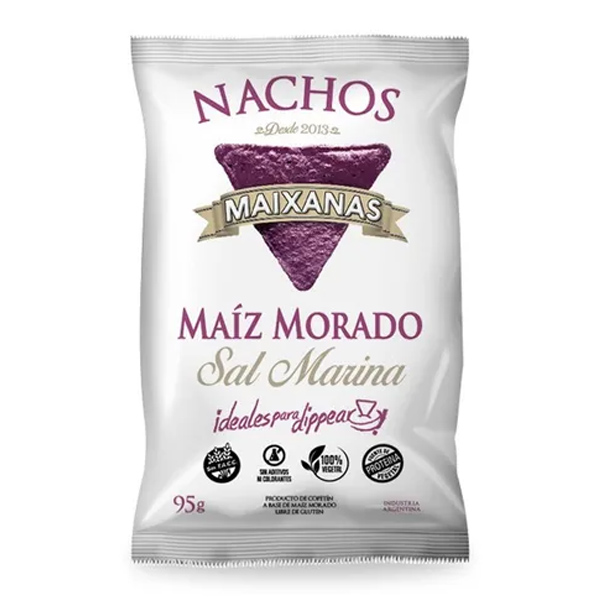 Riquí­simos y super novedosos nachos elaborados a base de maz morado orgánico y un toque justo de sal marina, que los hacen únicos y muy divertidos de comer. Sin TACC.
