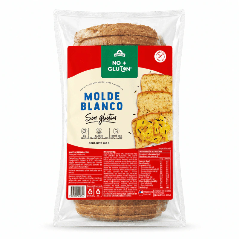 Pan de Molde Blanca en Rebanadas No+Gluten x 480g