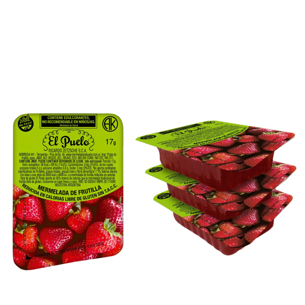 Mermelada Frutillas El Puelo Bajas Calorías mini porciones Caja x 120u