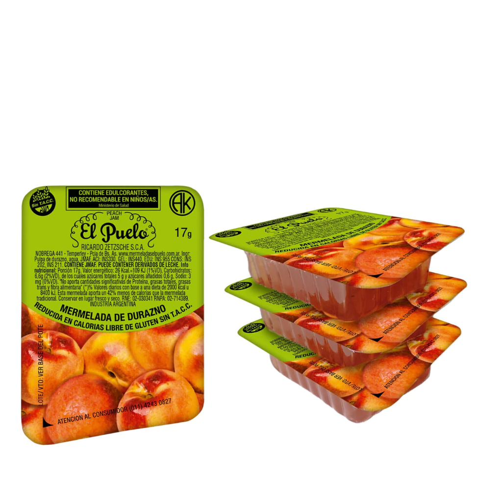 Mermelada Durazno Bajas Calorías El Puelo mini porciones Caja x 120u